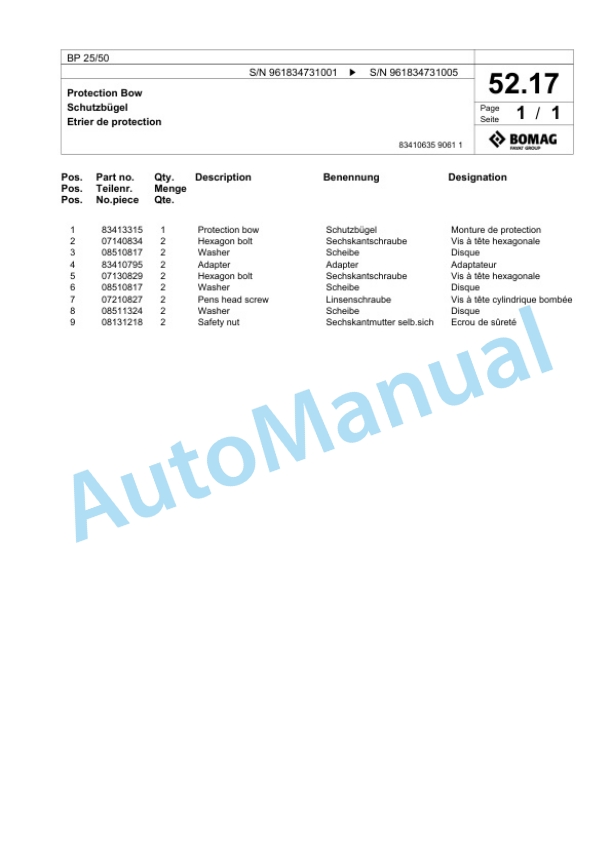 Bomag BP 25-50 Vibratory Plate Compactor Spare Parts Catalogue 00827103-3