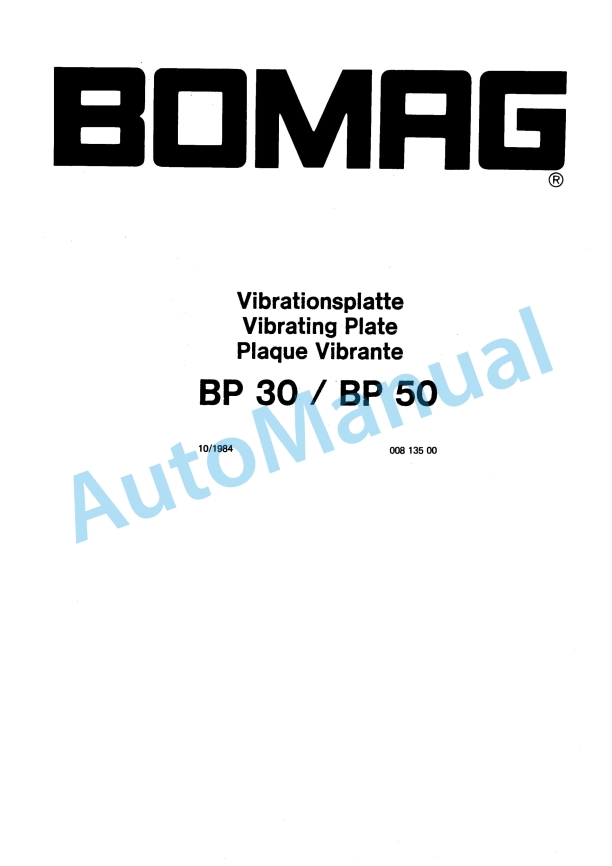 Bomag BP 30, BP 50 Vibratory Plate Compactor Spare Parts Catalogue 00813500