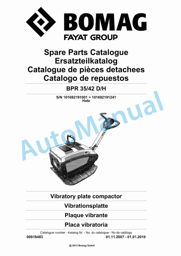 Bomag BP 35-42 D-H Vibratory Plate Compactor Spare Parts Catalogue 00818483