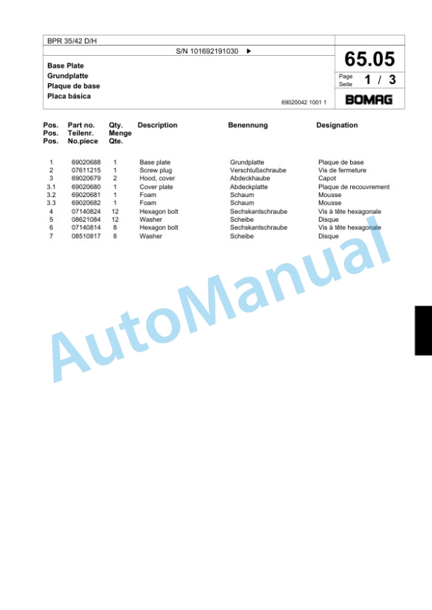 Bomag BP 35-42 D-H Vibratory Plate Compactor Spare Parts Catalogue 00818483-3