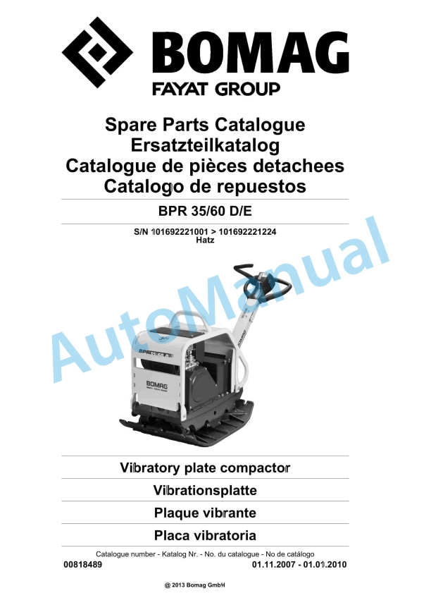 Bomag BP 35-60 D-E Vibratory Plate Compactor Spare Parts Catalogue 00818489