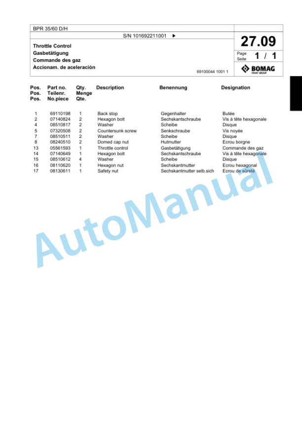 Bomag BP 35-60 D-H Vibratory Plate Compactor Spare Parts Catalogue 00818487-2