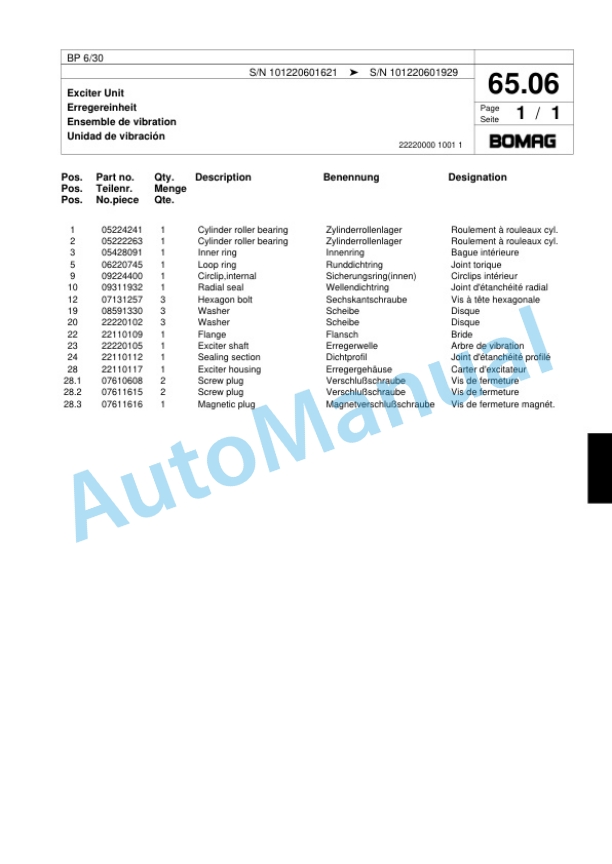 Bomag BP 6-30 Vibratory Plate Compactor Spare Parts Catalogue 00817428-4
