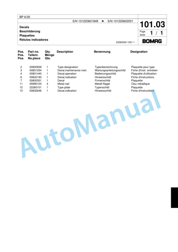 Bomag BP 6-30 Vibratory Plate Compactor Spare Parts Catalogue 00817428-5