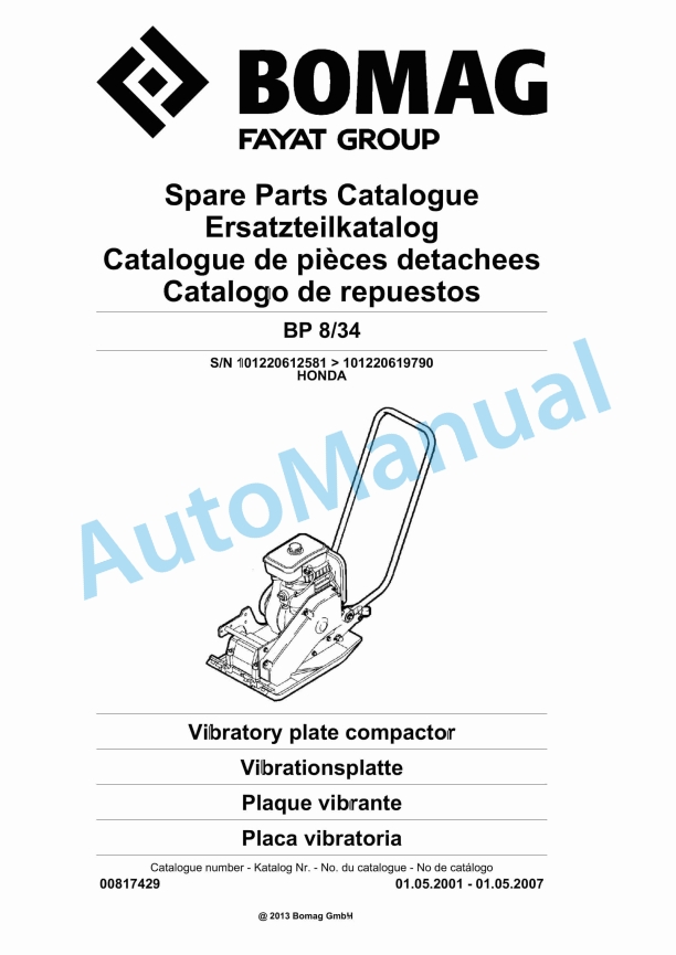 Bomag BP 8-34 Vibratory Plate Compactor Spare Parts Catalogue 00817429