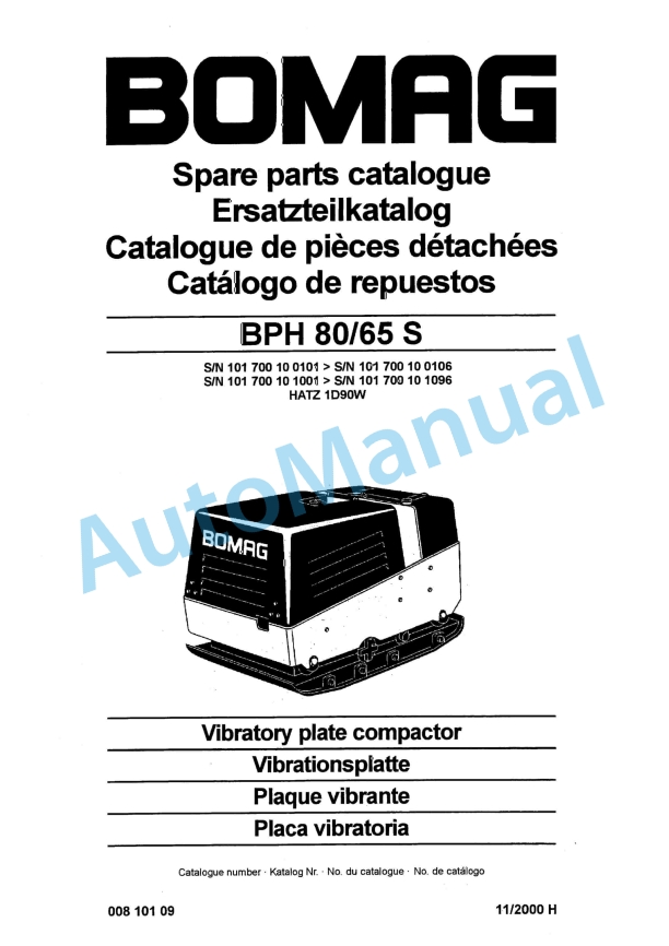 Bomag BPH 80-65 S Vibratory Plate Compactor Spare Parts Catalogue 00810109