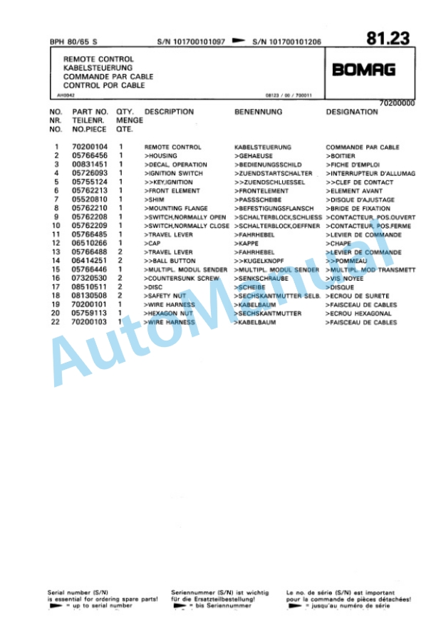 Bomag BPH 80-65 S Vibratory Plate Compactor Spare Parts Catalogue 00810123-5