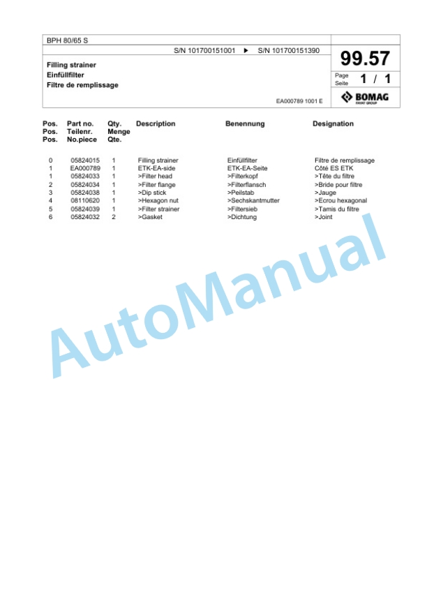 Bomag BPH 80-65 S Vibratory Plate Compactor Spare Parts Catalogue 00824299-4