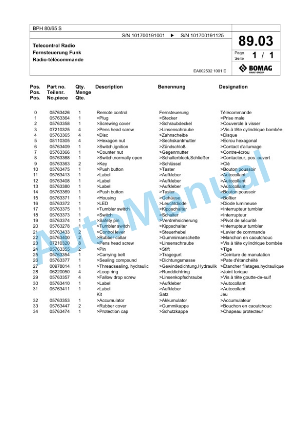 Bomag BPH 80-65 S Vibratory Plate Compactor Spare Parts Catalogue 00825779-3