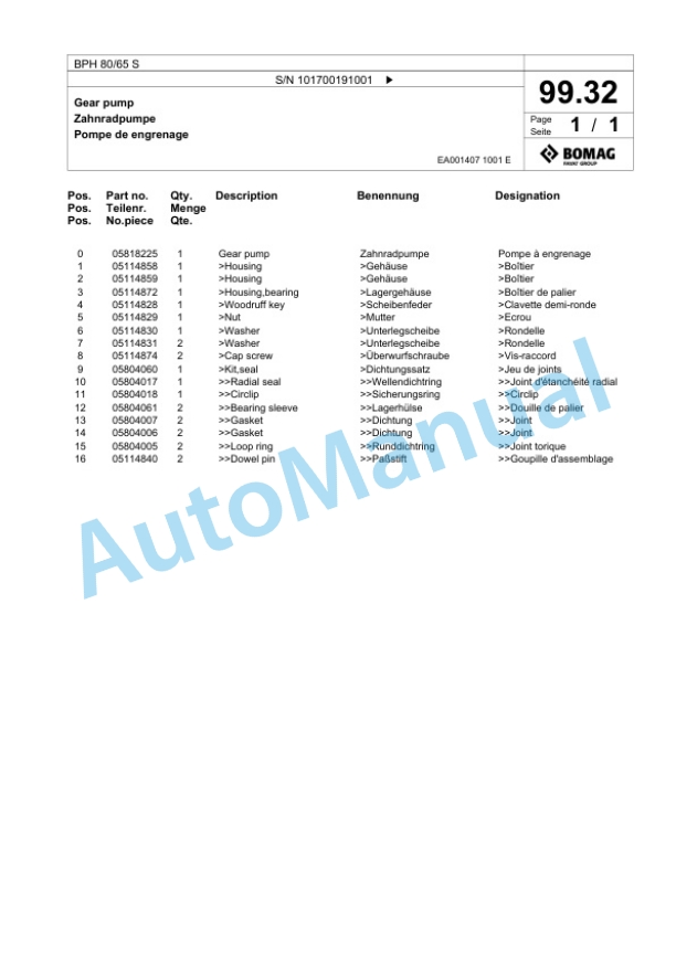 Bomag BPH 80-65 S Vibratory Plate Compactor Spare Parts Catalogue 00825779-5