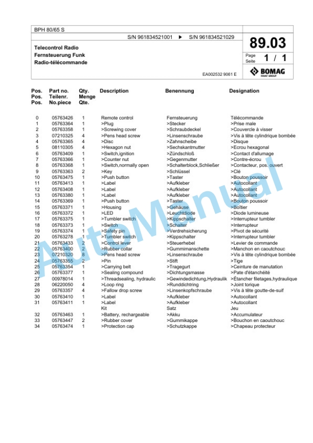 Bomag BPH 80-65 S Vibratory Plate Compactor Spare Parts Catalogue 00826089-3