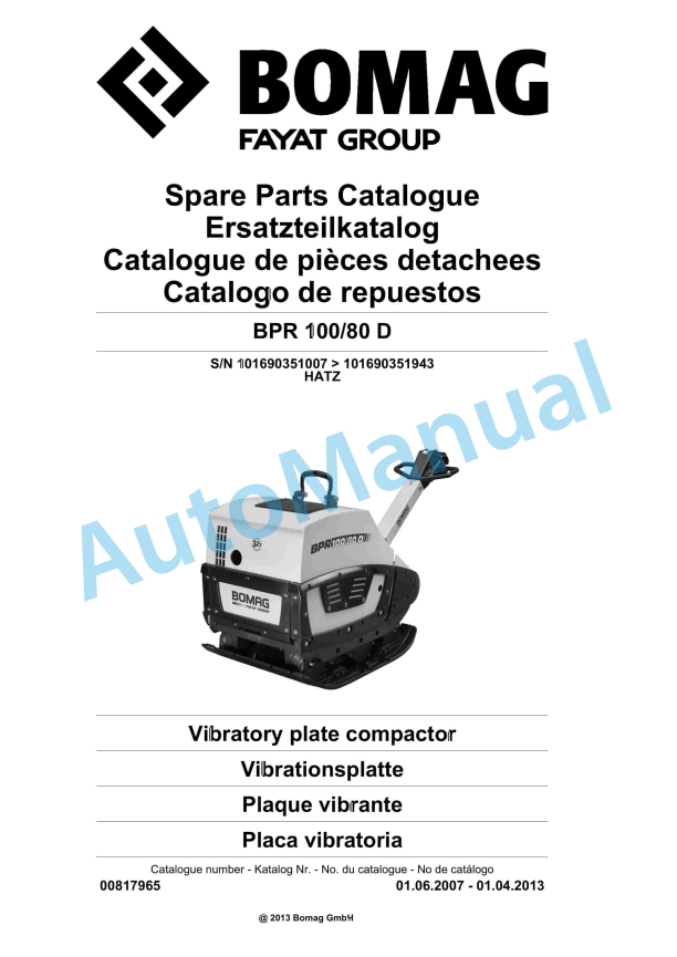 Bomag BPR 100-80 D Vibratory Plate Compactor Spare Parts Catalogue 00817965