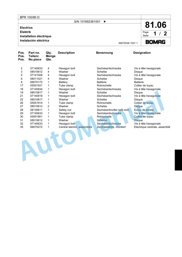 Bomag BPR 100-80 D Vibratory Plate Compactor Spare Parts Catalogue 00824253-5
