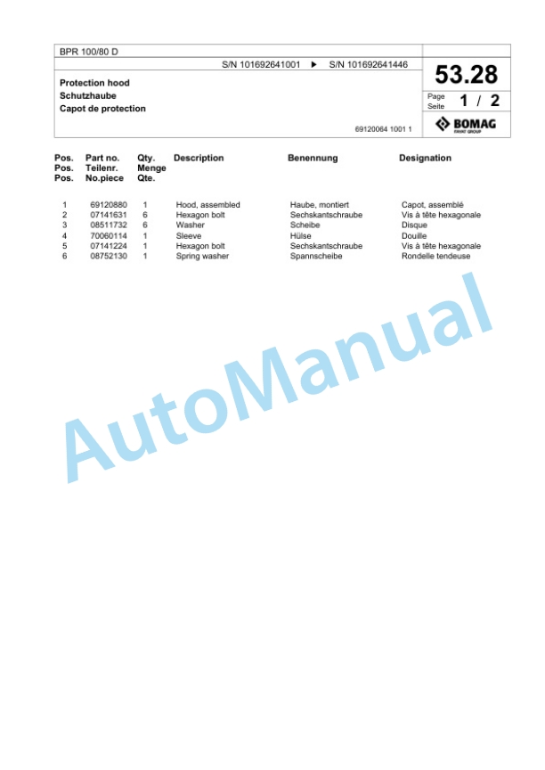 Bomag BPR 100-80 D Vibratory Plate Compactor Spare Parts Catalogue 00824331-2