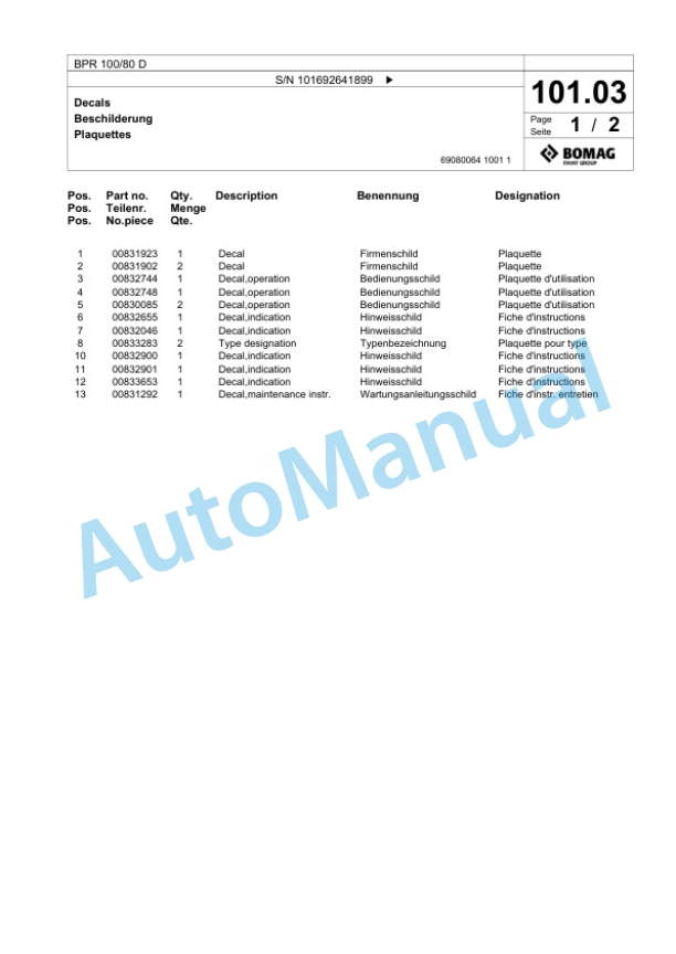 Bomag BPR 100-80 D Vibratory Plate Compactor Spare Parts Catalogue 00824331-5