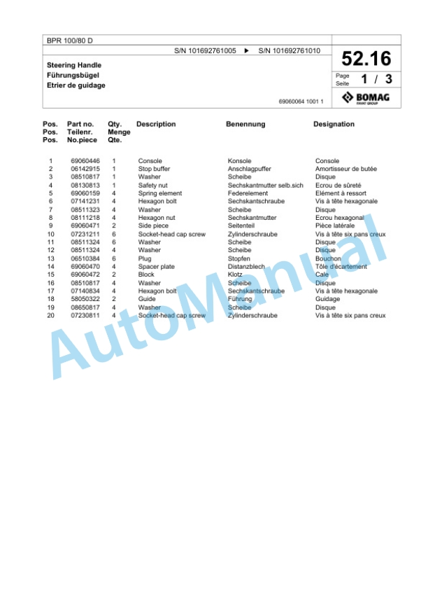 Bomag BPR 100-80 D Vibratory Plate Compactor Spare Parts Catalogue 00824379-2