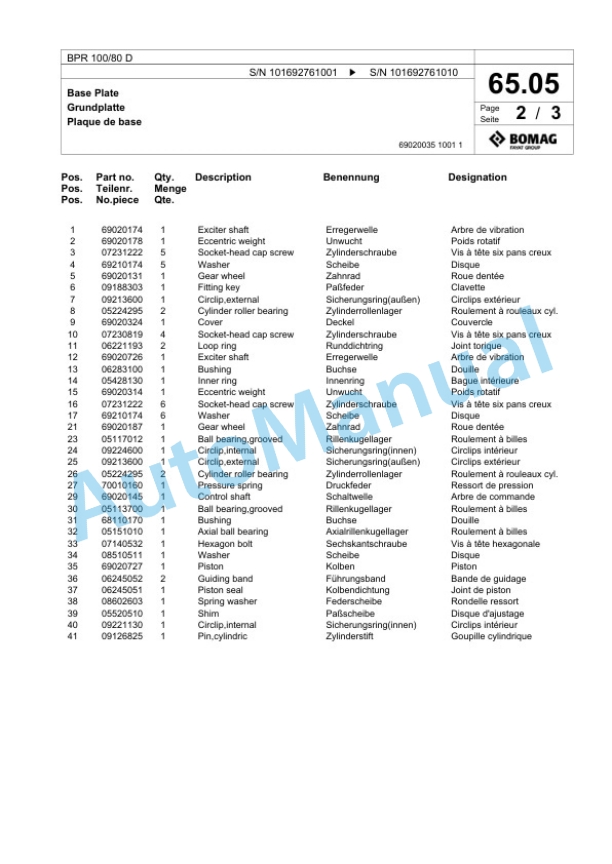 Bomag BPR 100-80 D Vibratory Plate Compactor Spare Parts Catalogue 00824379-3