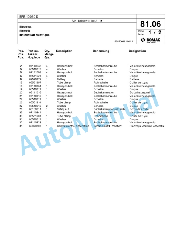 Bomag BPR 100-80 D Vibratory Plate Compactor Spare Parts Catalogue 00825549-5