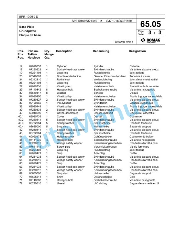 Bomag BPR 100-80 D Vibratory Plate Compactor Spare Parts Catalogue 00825793-3