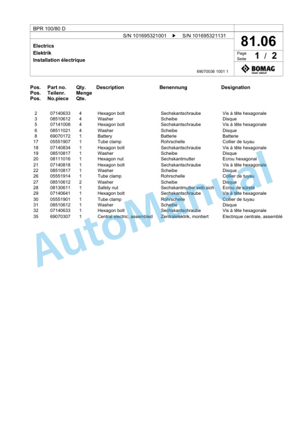 Bomag BPR 100-80 D Vibratory Plate Compactor Spare Parts Catalogue 00825793-4