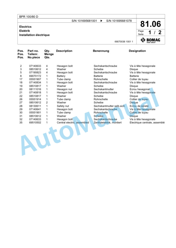 Bomag BPR 100-80 D Vibratory Plate Compactor Spare Parts Catalogue 00826743-5