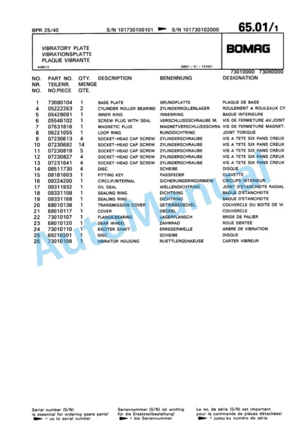 Bomag BPR 25-32, BPR 25-40 Vibratory Plate Compactor Spare Parts Catalogue 00813338-4