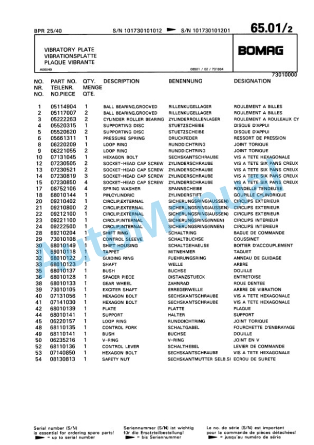 Bomag BPR 25-32, BPR 25-40 Vibratory Plate Compactor Spare Parts Catalogue 00813338-5