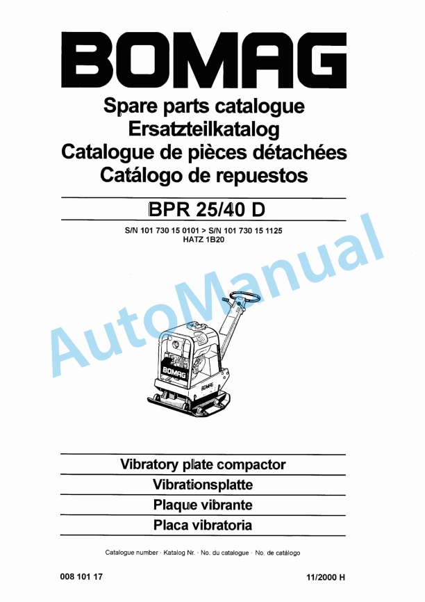 Bomag BPR 25-40 D Vibratory Plate Compactor Spare Parts Catalogue 00810117