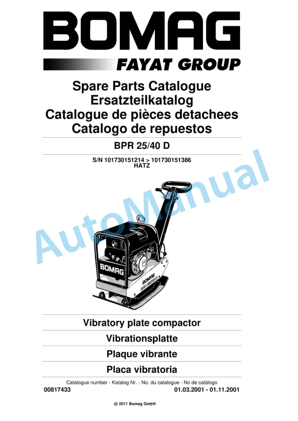 Bomag BPR 25-40 D Vibratory Plate Compactor Spare Parts Catalogue 00817433