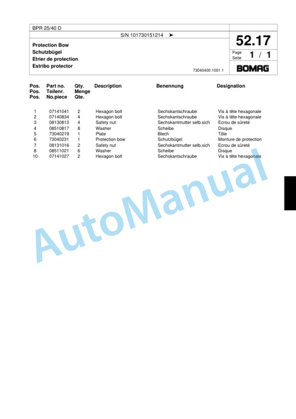 Bomag BPR 25-40 D Vibratory Plate Compactor Spare Parts Catalogue 00817433-4