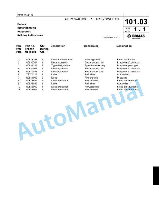 Bomag BPR 25-40 D Vibratory Plate Compactor Spare Parts Catalogue 00824305-5