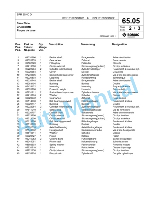 Bomag BPR 25-40 D Vibratory Plate Compactor Spare Parts Catalogue 00824789-5