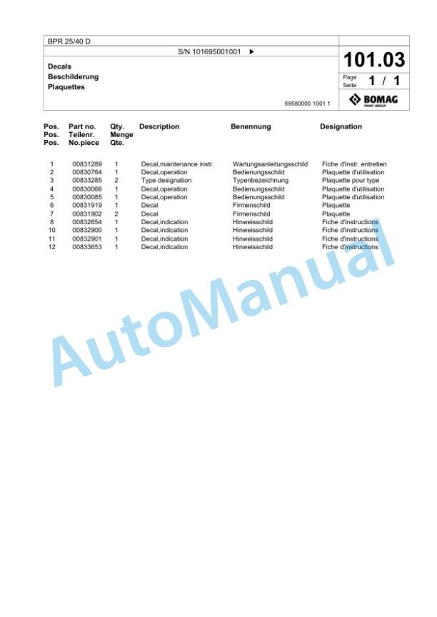 Bomag BPR 25-40 D Vibratory Plate Compactor Spare Parts Catalogue 00825523-5
