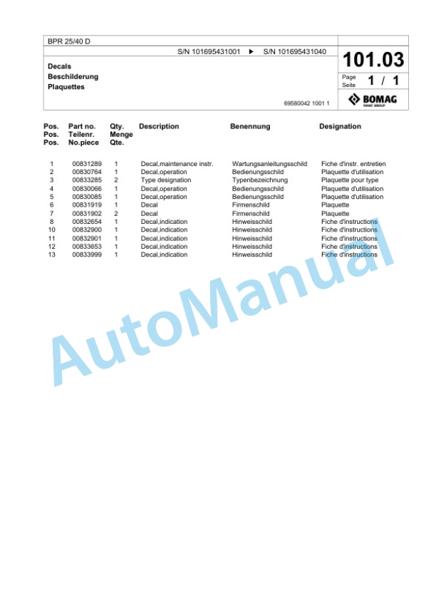 Bomag BPR 25-40 D Vibratory Plate Compactor Spare Parts Catalogue 00826509-5