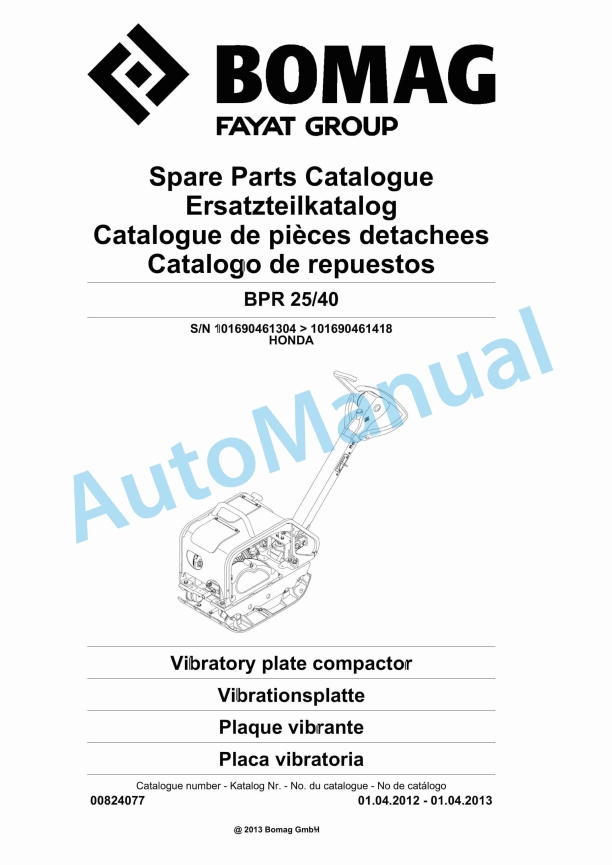 Bomag BPR 25-40 Vibratory Plate Compactor Spare Parts Catalogue 00824077