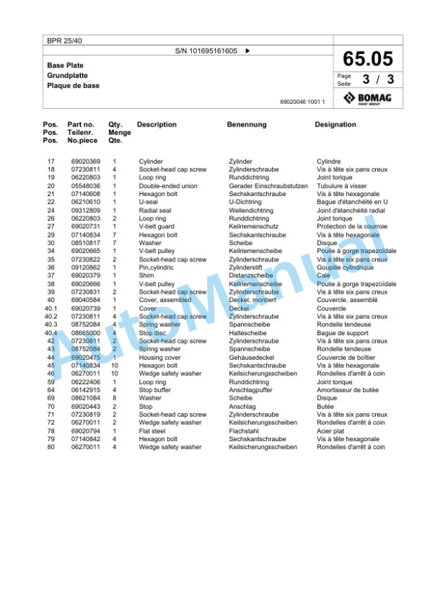 Bomag BPR 25-40 Vibratory Plate Compactor Spare Parts Catalogue 00825817-3