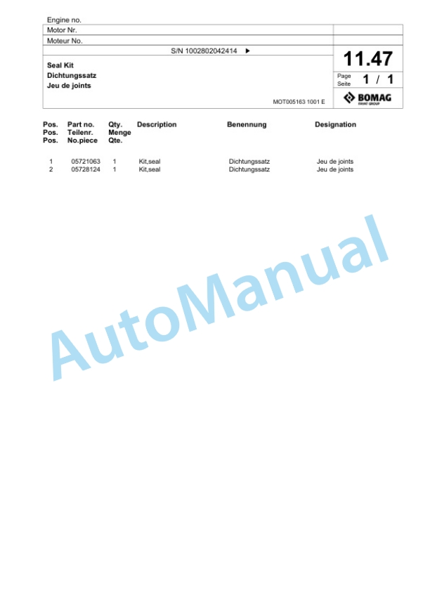 Bomag BPR 25-45 D-3 Vibratory Plate Compactor Spare Parts Catalogue 00817631-2