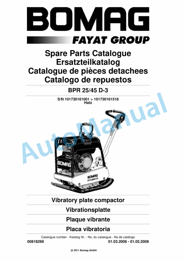 Bomag BPR 25-45 D-3 Vibratory Plate Compactor Spare Parts Catalogue 00818269