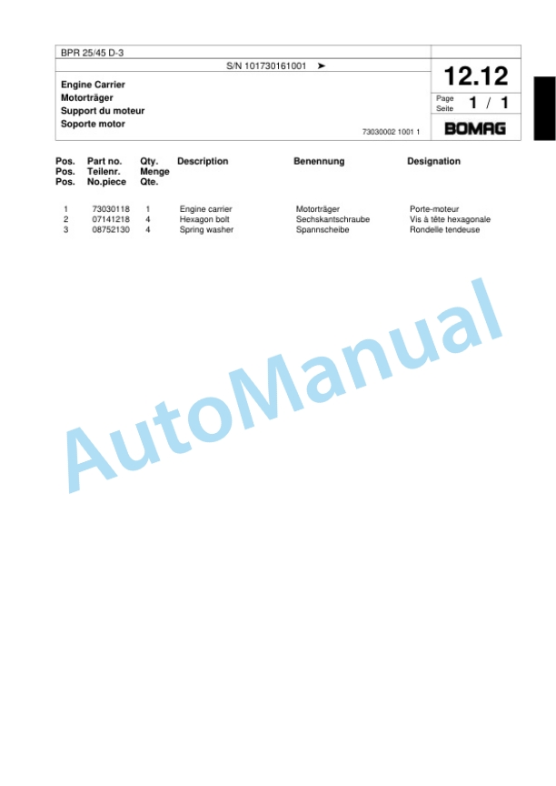 Bomag BPR 25-45 D-3 Vibratory Plate Compactor Spare Parts Catalogue 00818269-3