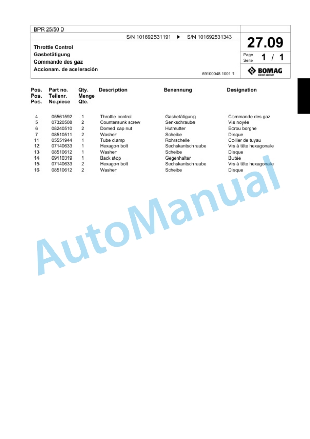 Bomag BPR 25-50 D Vibratory Plate Compactor Spare Parts Catalogue 00824309-2