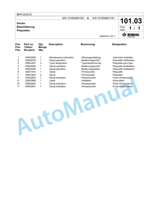 Bomag BPR 25-50 D Vibratory Plate Compactor Spare Parts Catalogue 00824765-3