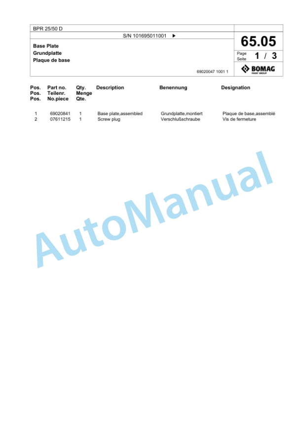 Bomag BPR 25-50 D Vibratory Plate Compactor Spare Parts Catalogue 00825525-3