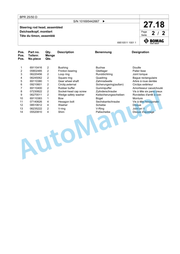 Bomag BPR 25-50 D Vibratory Plate Compactor Spare Parts Catalogue 00826511-2