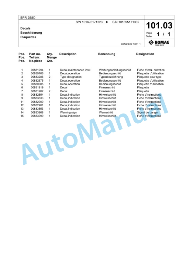 Bomag BPR 25-50 Vibratory Plate Compactor Spare Parts Catalogue 00825791-4