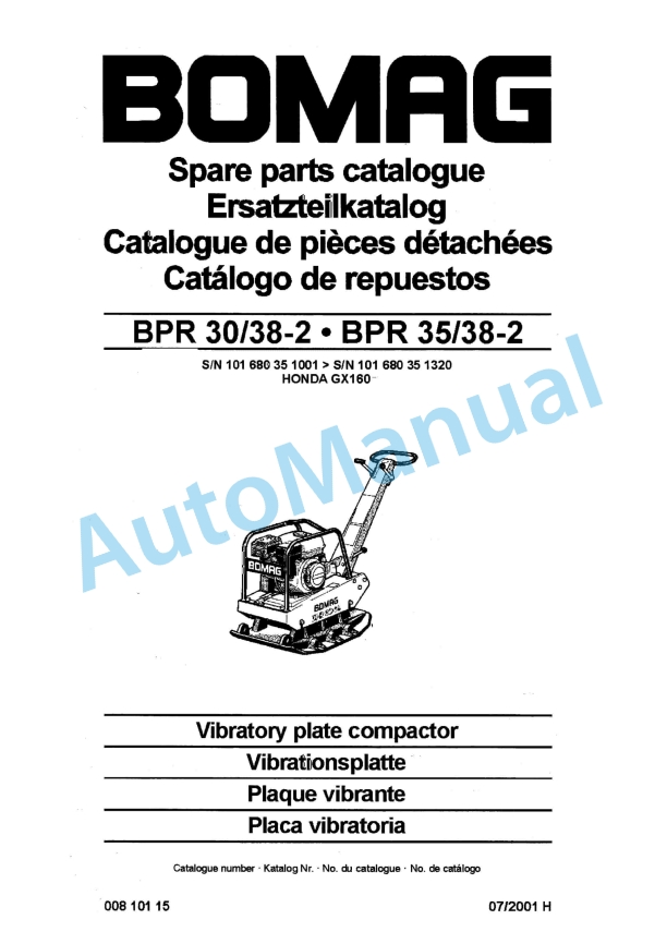 Bomag BPR 30-38-2, BPR 35-38-2 Vibratory Plate Compactor Spare Parts Catalogue 00810115