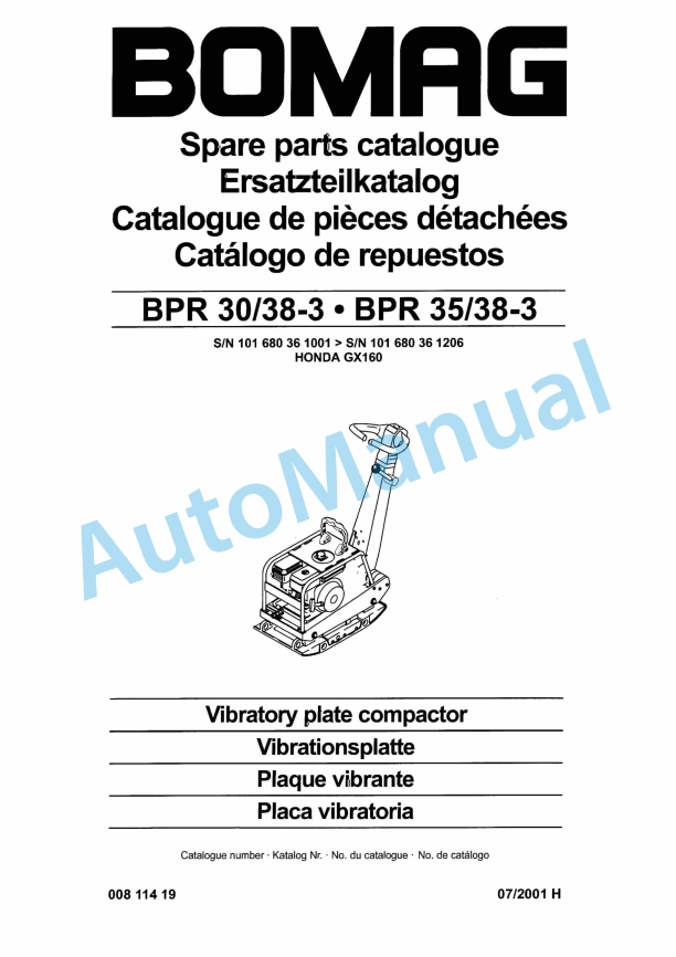 Bomag BPR 30-38-3, BPR 35-38-3 Vibratory Plate Compactor Spare Parts Catalogue 00811419