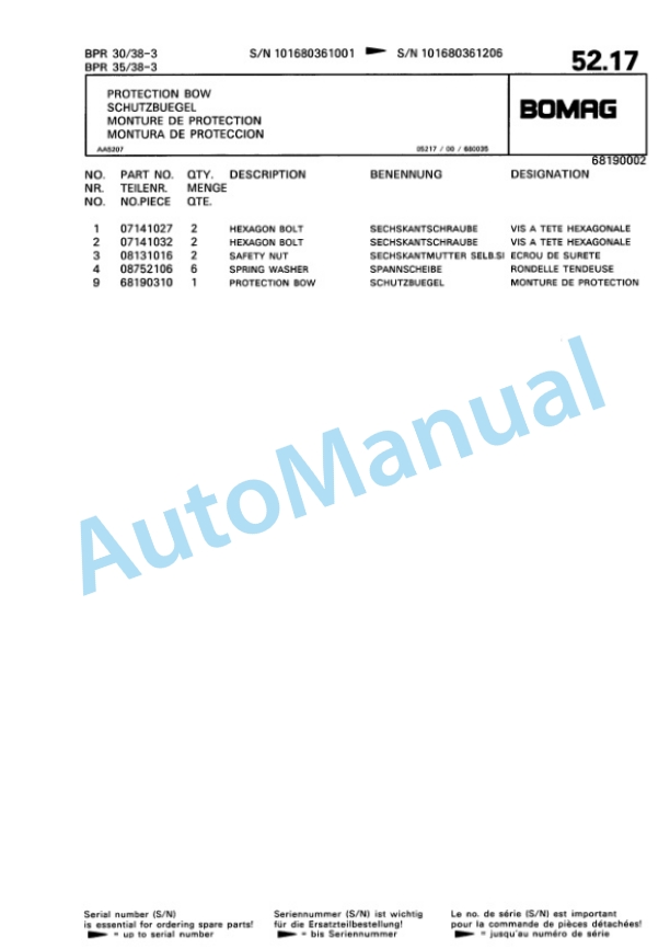 Bomag BPR 30-38-3, BPR 35-38-3 Vibratory Plate Compactor Spare Parts Catalogue 00811419-3