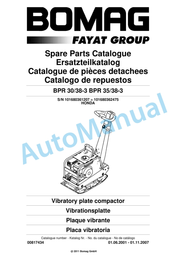 Bomag BPR 30-38-3, BPR 35-38-3 Vibratory Plate Compactor Spare Parts Catalogue 00817434