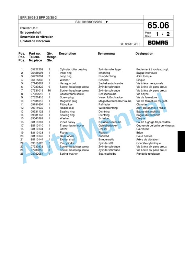 Bomag BPR 30-38-3, BPR 35-38-3 Vibratory Plate Compactor Spare Parts Catalogue 00817434-3
