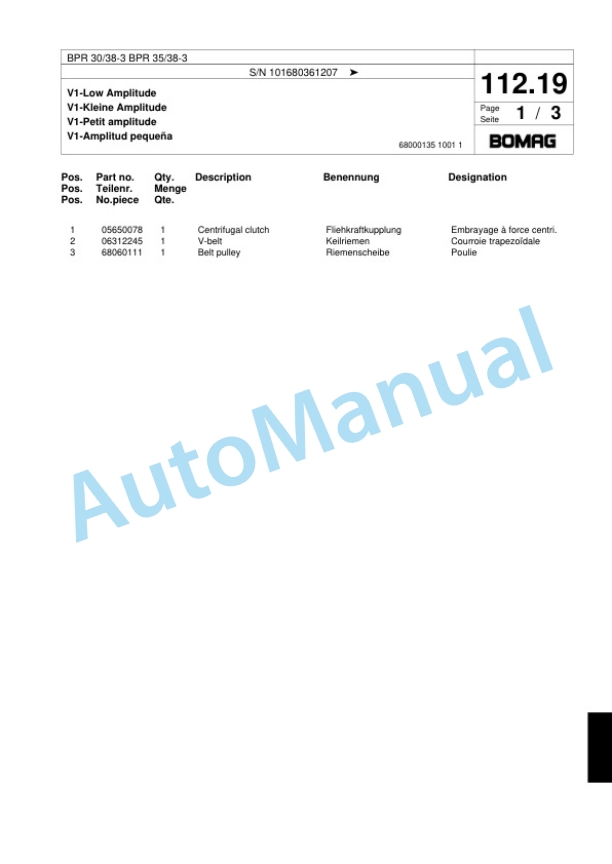 Bomag BPR 30-38-3, BPR 35-38-3 Vibratory Plate Compactor Spare Parts Catalogue 00817434-5